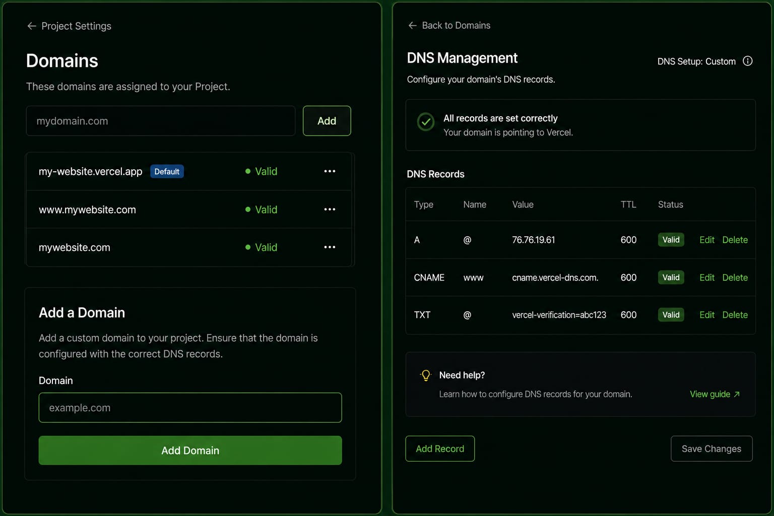 GoDaddy DNS management panel showing A and CNAME records for Vercel